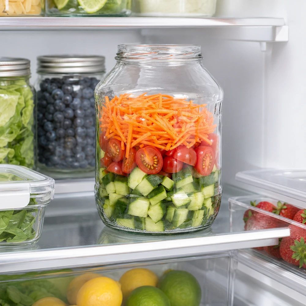 2650ml rund burk utan lock (TO100) UNiTWIST UNiTWIST Runda2650 tumlare 2650ml i kylskåpet med lagrad sallad av gurka tomater morötter Meal Prep