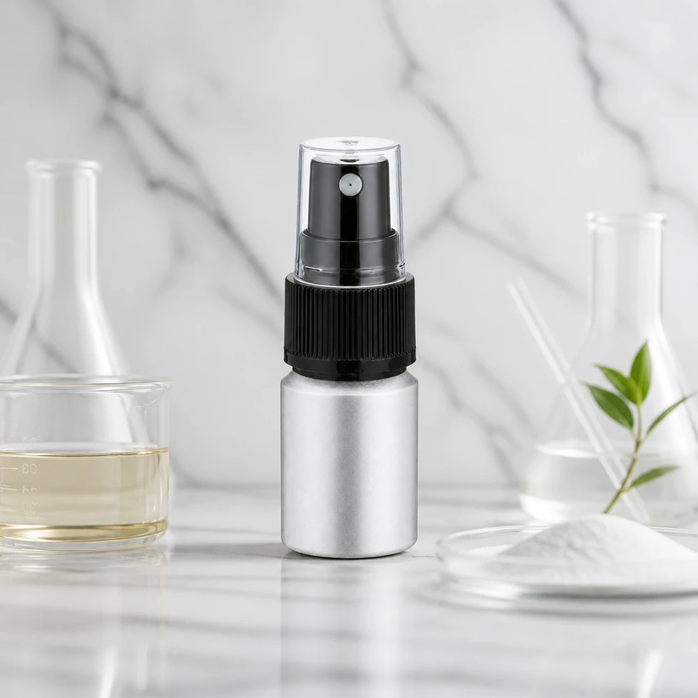 10ml flaska i betad aluminium med atomiser Liten 10 ml sprayflaska i aluminium med finfördelare för användning i farten silver matt