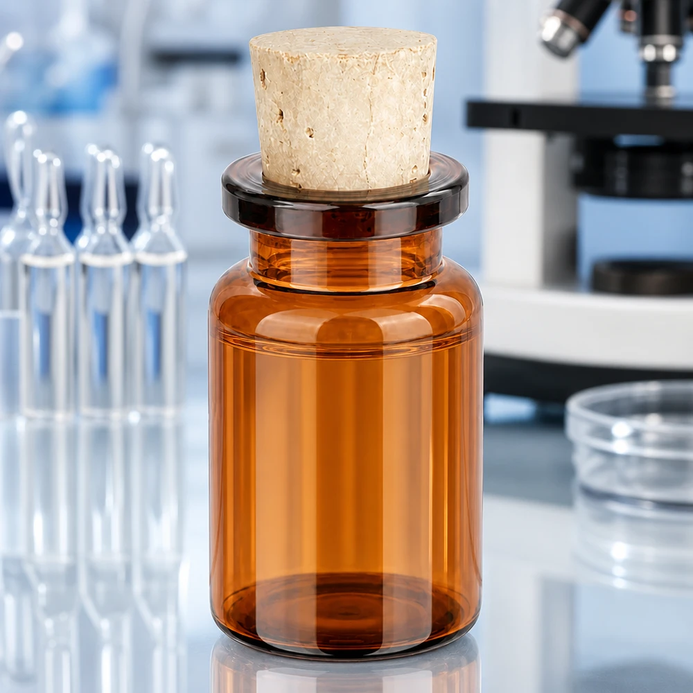Flaska bärnstensfärgat glas 5ml med kork 11/14mm Robuste Braunglas Probenflasche 5ml mit Korkverschluss für pharmazeutische Anwendungen