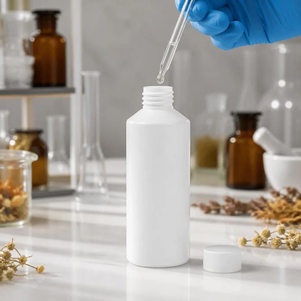HDPE-plastflaska, 100 ml, vit, i laboratoriet med pipett och örter