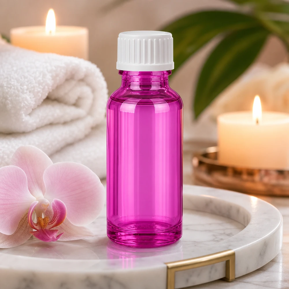 Elegant 20 ml droppflaska i ljuslila med vitt skruvlock för aromaterapi