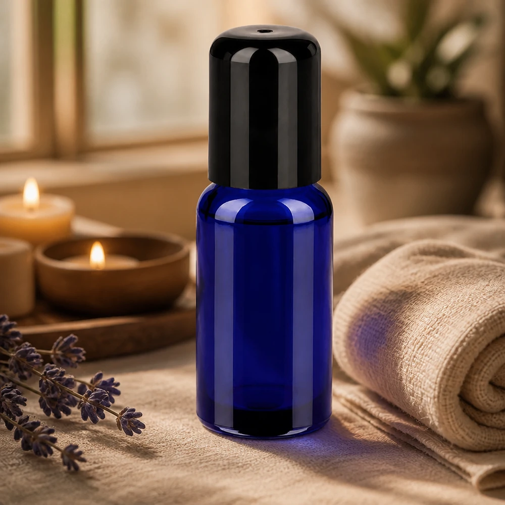 Högkvalitativ 20 ml roll-on-flaska STD BlueLine UT18/20 tillverkad av robust glas i elegant koboltblå färg