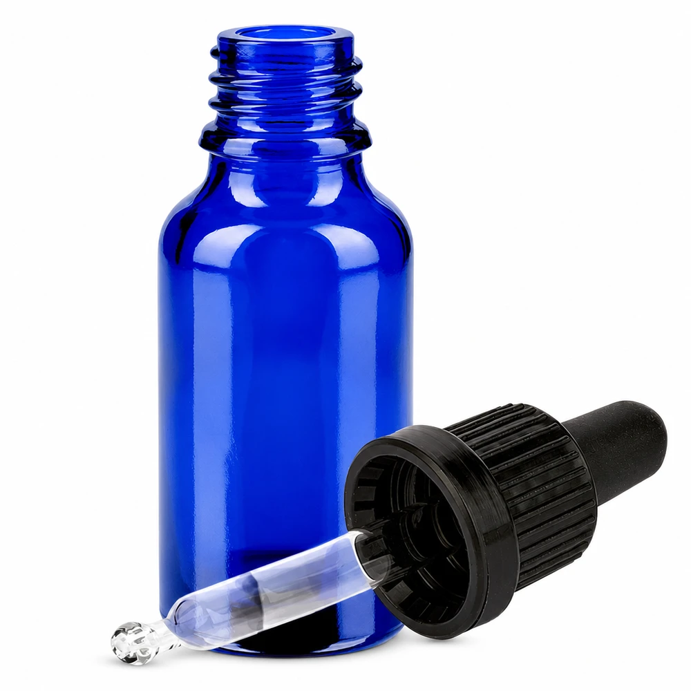 20 ml pipettflaska svart med säkerhetsförslutning BlueLine UT18/20 Blå glasflaska 20 ml med droppipett och svart lock för eteriska oljor och kosmetika