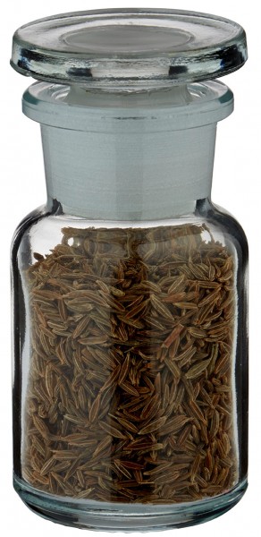 Idé för ett kryddburk i glas: Apotekarflaska 50 ml med vid hals, klart glas, inkl. glaspropp