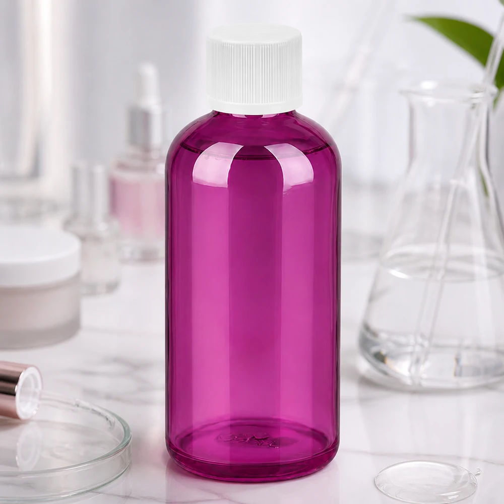 Liten 100 ml flaska i elegant violett med praktiskt skruvlock för mobila applikationer
