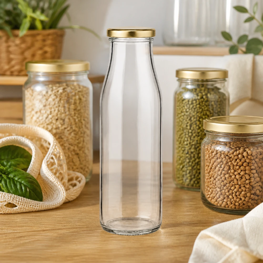 500 ml glasflaska + BasicSeal-lock guld UNiTWIST 500ml Glasflasche BasicSeal gold in moderner Küche zwischen Vorratsgläsern mit Hülsenfrüchten Zero Waste Lifestyle