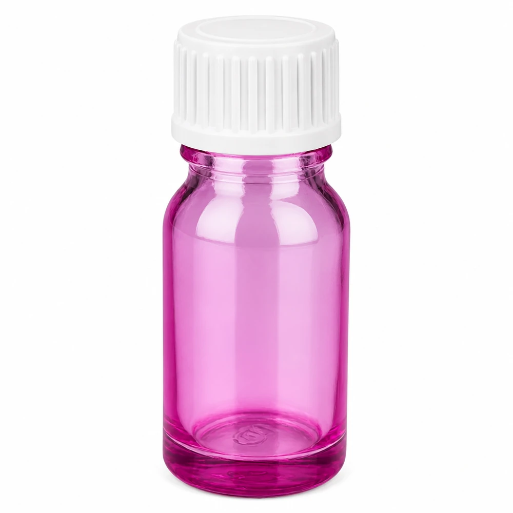 10 ml glasflaska i lila med vitt skruvlock för eteriska oljor och kosmetika