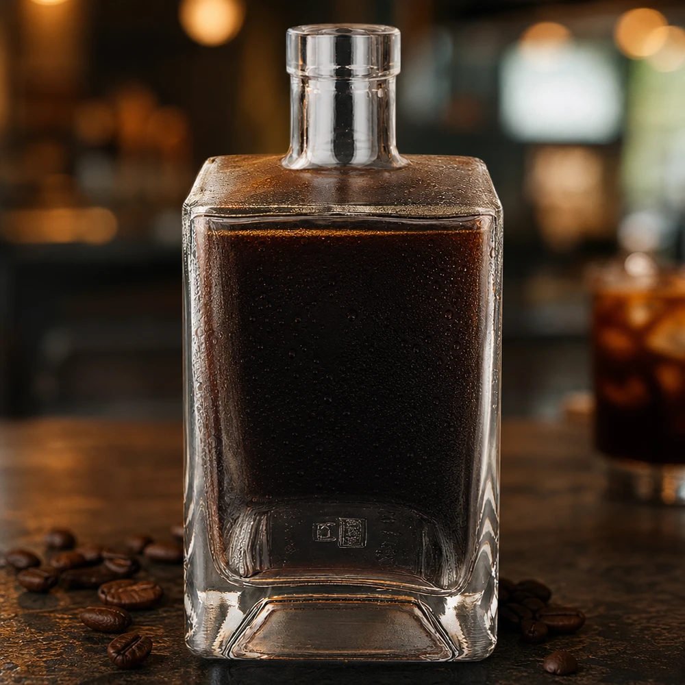 700 ml glasflaska Ben utan förslutning UNiTWIST® 700 ml glasflaska Ben fylld med mörk kaffelikör på ett rustikt träbord med baratmosfär med kaffebönor