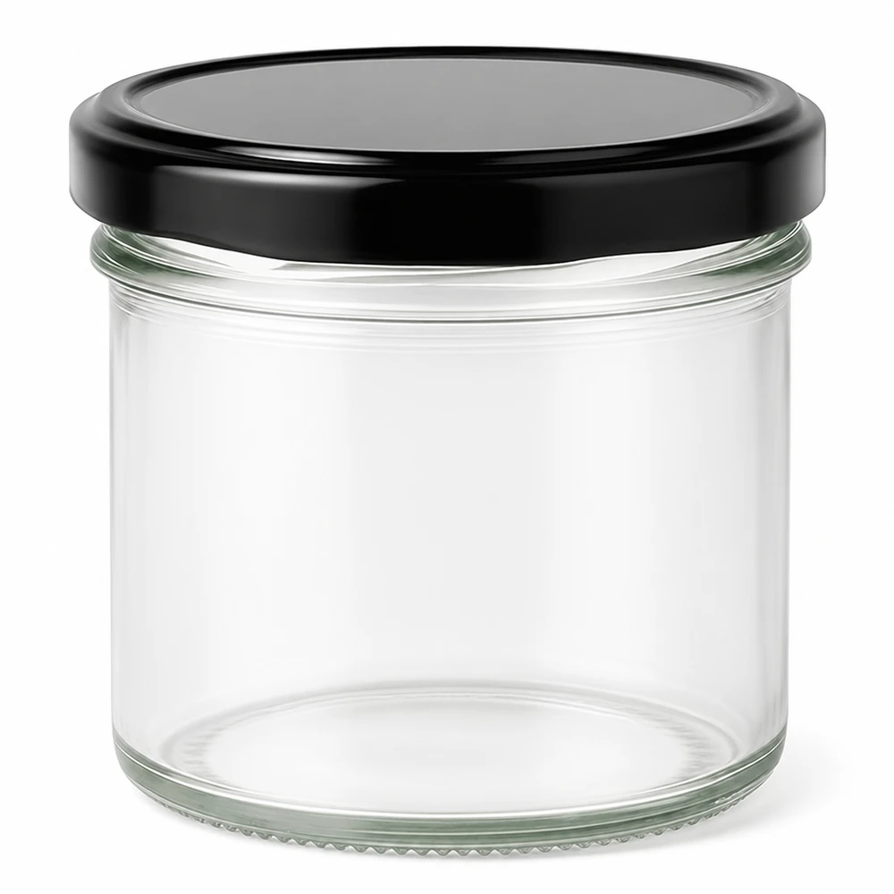 Mugg 125 ml med lock BasicSeal svart UNiTWIST 125 ml glas med svart BasicSeal-lock tom genomskinlig konserveringsburk syltburk
