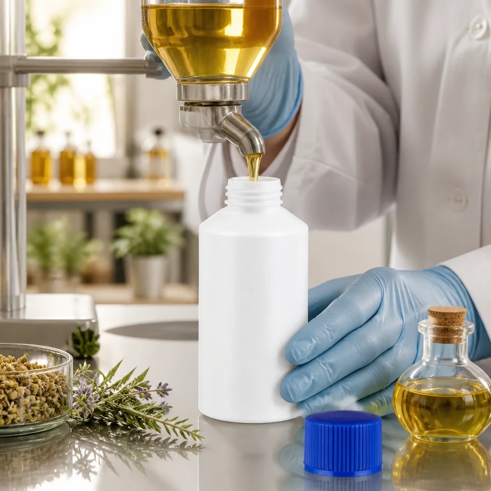 Vit plastflaska på 50 ml med blå SV och örtextrakt i laboratoriemiljö