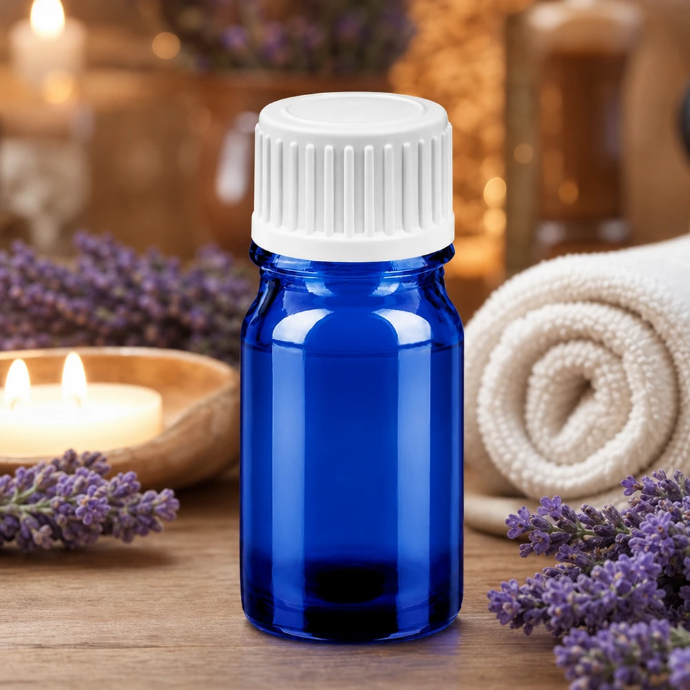 5ml Droppflaska 0.9mm vit standardförslutning BlueLine UT18/5 Exakt 0,9 mm droppöppning i den blå 5 ml glasflaskan för exakt dosering av aktiva ingredienser