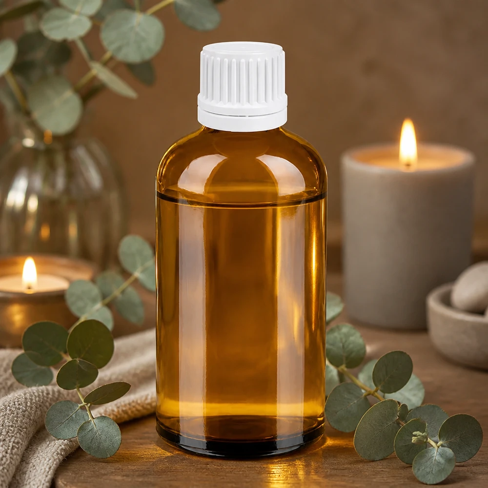 Brun glasflaska 100 ml med vitt skruvlock för eteriska oljor och aromaterapi