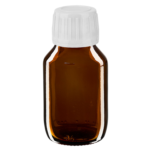 Eurofrasco för läkemedel 50 ml, brun PP28 med vit skruvlock. Eurofrasco för läkemedel 50 ml, brun PP28 med vit skruvlock.