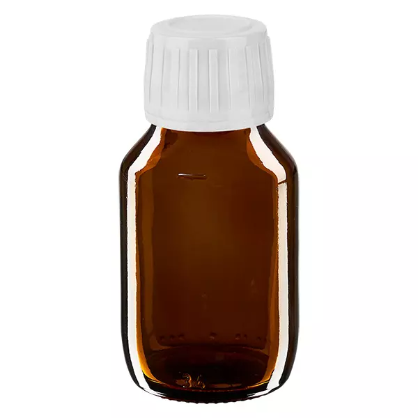Eurofrasco för läkemedel 50 ml, brun PP28 med vit skruvlock.