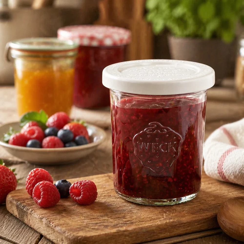 WECK 160 ml RR60-glas fyllda med röd bärsylt på en träplatta bredvid färska hallon och blåbär