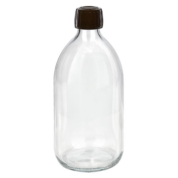 500 ml medicinflaska klar, lock brunt med säkerhetsring ApoGlas 500 ml medicinflaska klar, lock brunt med säkerhetsring ApoGlas