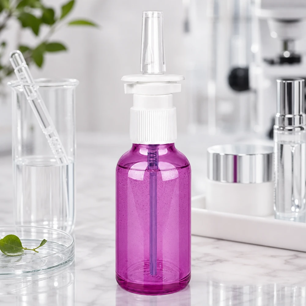 30 ml nässprayflaska vit/transparent standard PurpleLine. UT18/30 Kompakt 30 ml nässprayflaska av transparent plast i modern lila design för daglig användning