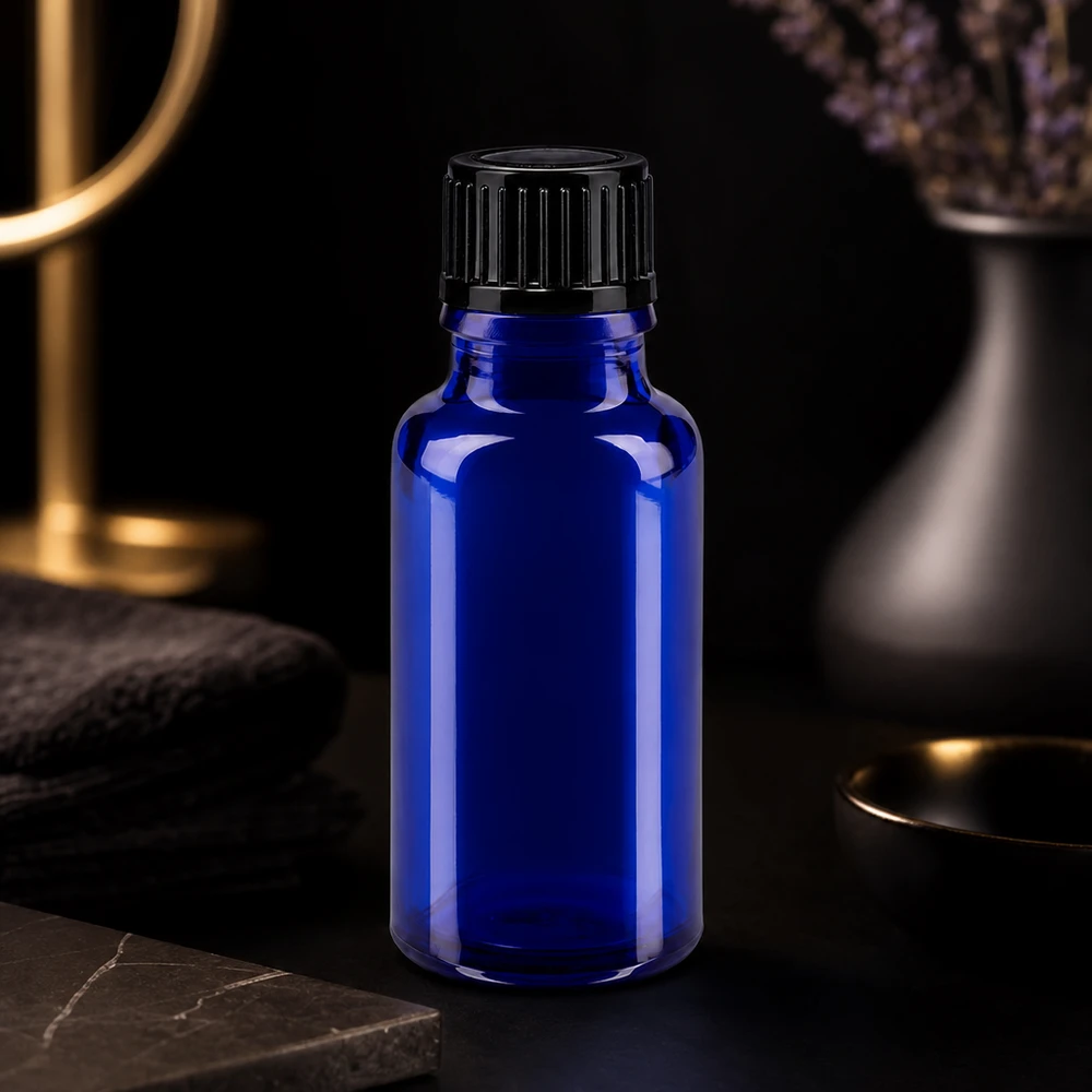 Apoteksflaska blå 20ml skruvlock svart standard Mörkblå 20 ml apoteksflaska med räfflat skruvlock mot en elegant svart bakgrund