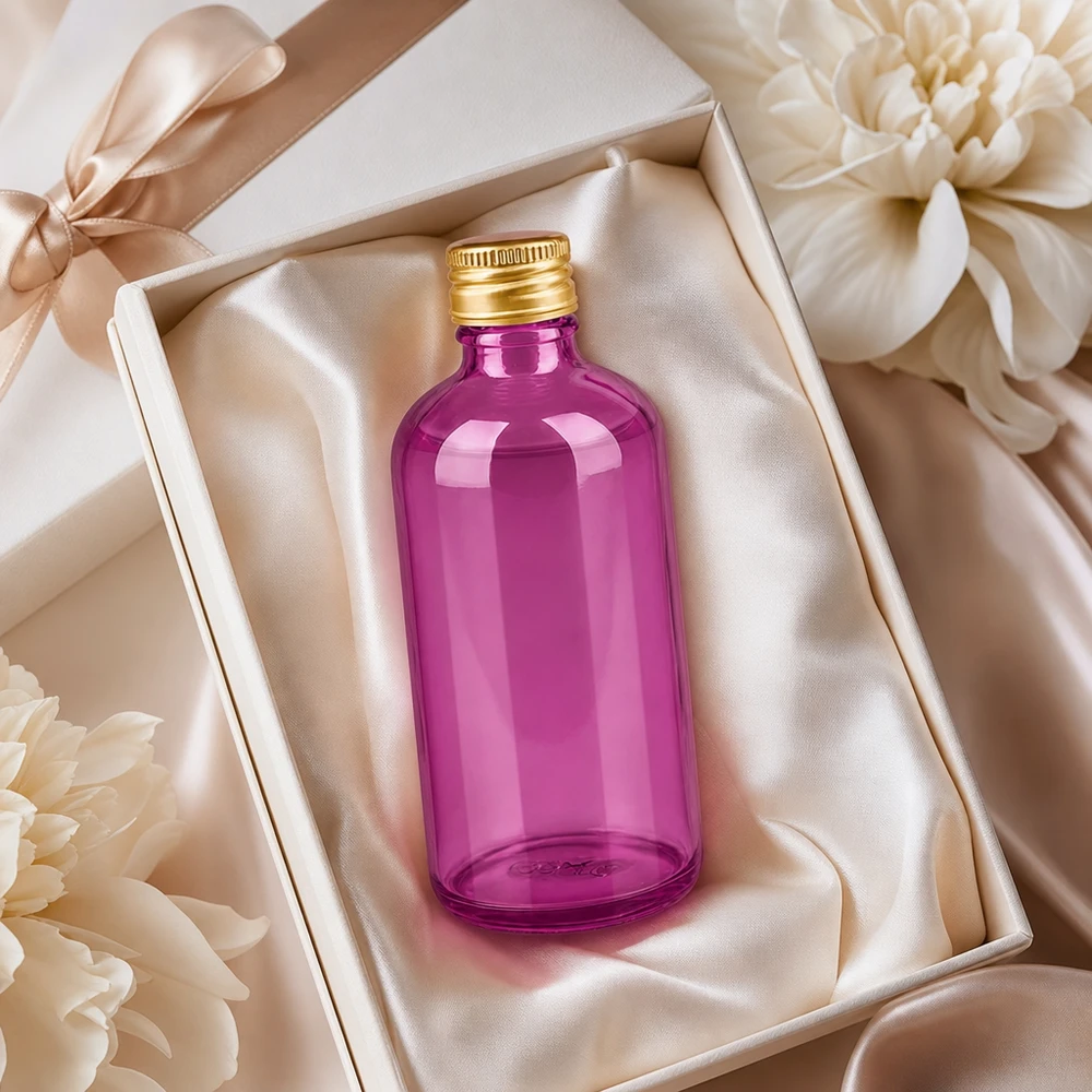 100ml flaska 11mm skruvkork aluminium guld standard PurpleLine. UT18/100 Lila glasflaska 100ml med guldlock i elegant presentförpackning med satinband