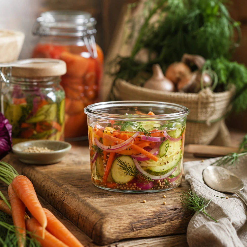 WECK 35 ml murarburk med inlagda grönsaker på träbräda, konserveringsburk för fermentering och konservering