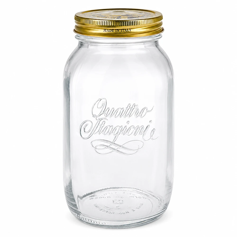 1500ml rund glasflaska "Quattro Stagioni" med lock 1500ml Quattro Stagioni Rundglas mit goldenem Deckel - elegantes italienisches Einmachglas für Küche und Vorratshaltung