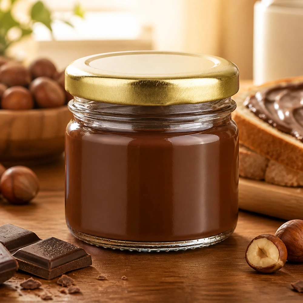 Chokladkräm i ett runt glas på 33 ml med ett guldfärgat BasicSeal-lock bredvid hasselnötter och choklad
