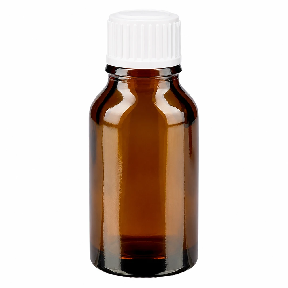 Apoteksflaska brun 30ml skruvkork vit standard 30 ml brun apotekarflaska i glas med vitt skruvlock, 11 mm standard