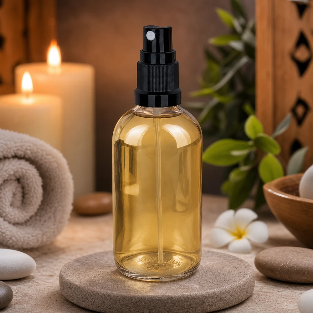 En bärnstensfärgad 100 ml sprayflaska UT18/100 på natursten i en avslappnad spa-atmosfär