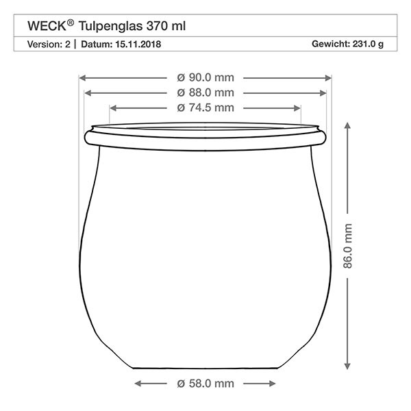 370 ml tulpanburk WECK RR80 med naturkork WECK tulpanburk 370ml RR80 teknisk ritning med mått diameter höjd vikt specifikationer