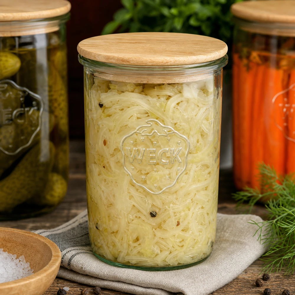 WECK konserveringsburk 1000ml fylld med surkål och trälock bredvid inlagda gurkor och morötter Fermentering