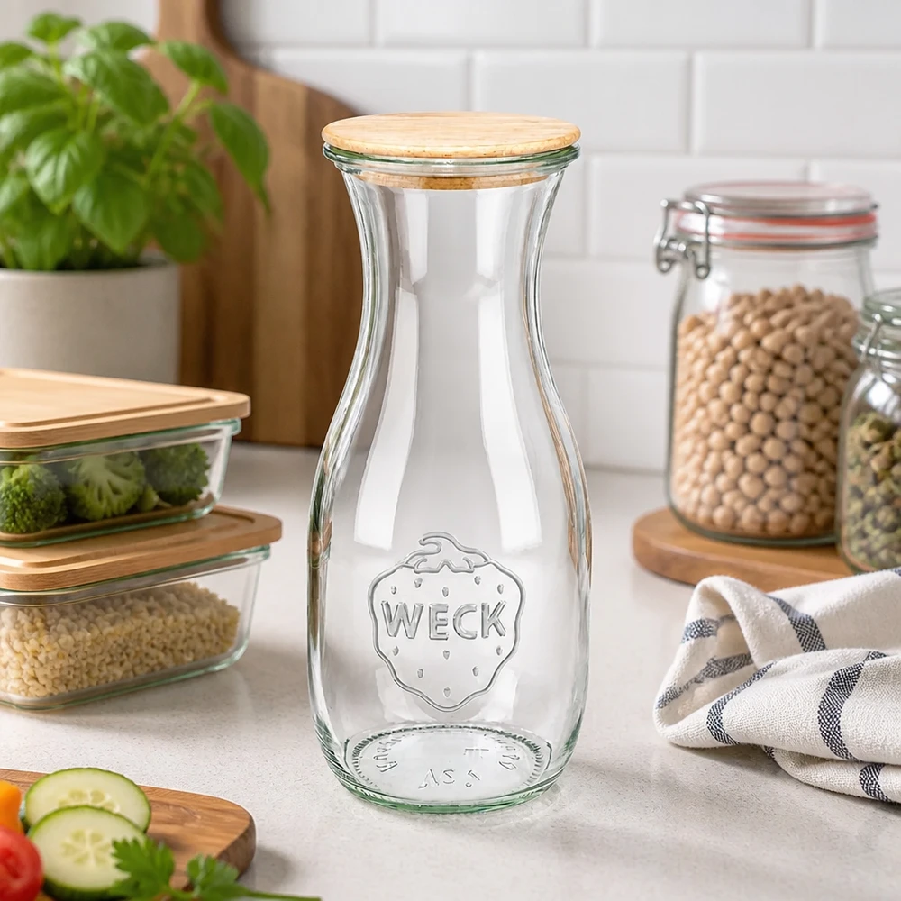 WECK juiceflaska 530ml RR60 med trälock i moderna kök bredvid grönsaker och pulser som en förvaringslösning