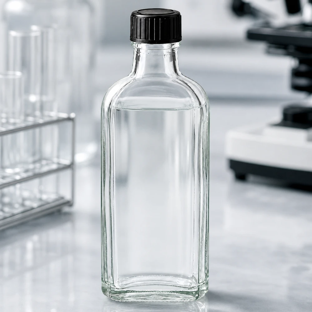 Rektangulär, klar glasflaska på 100 ml med LKD-tätningsskiva och svart lock i laboratoriet