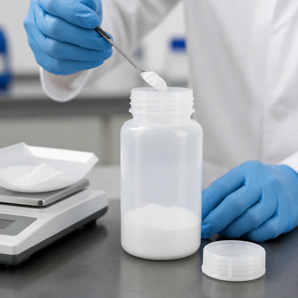1000 ml laboratorieflaska med vid hals och skruvkork En 1000 ml HDPE-laboratorieflaska med vid hals, fylld med vitt pulver, bredvid en analysvåg i laboratoriet
