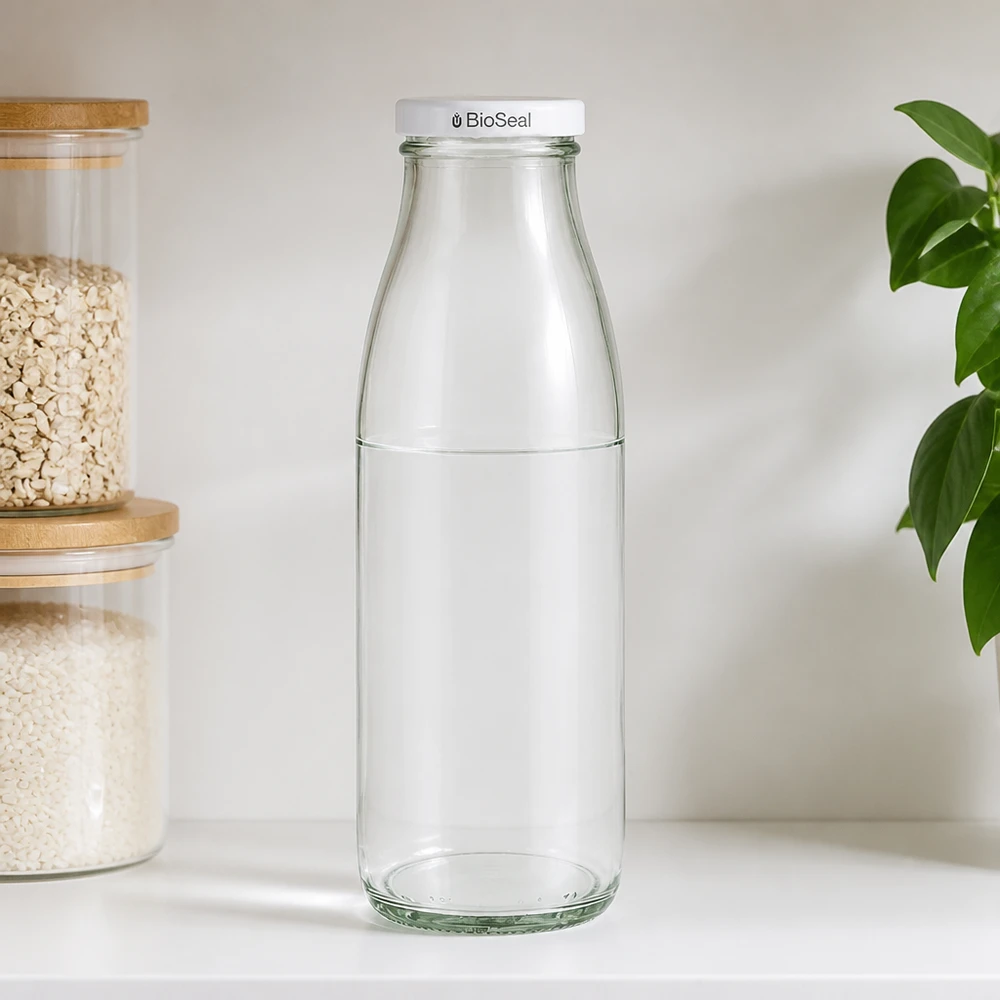 500 ml glasflaska med BioSeal-kork i köksmiljö, bredvid förvaringsburkar med müsli och grön växt