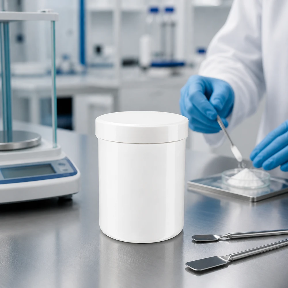 Salvburk 800g vit med vitt skruvlock (polypropylen) Stor 800 g salvorburk av vit PP-plast med skruvlock bredvid analysvågen i laboratoriet