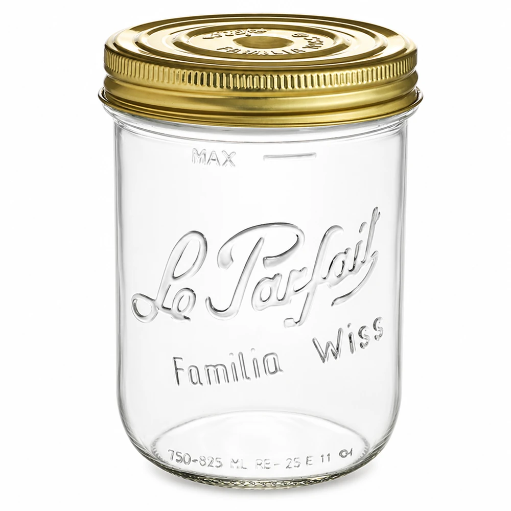 Le Parfait® Familia Wiss 1 kg Ø100 mm burk Familia Wiss 1020 ml murarburk med skruvlock i guld Le Parfait konserveringsburk för konservering