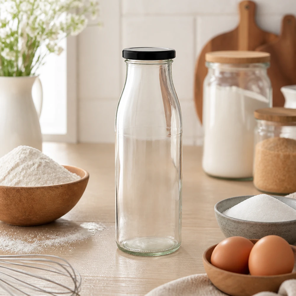 500 ml glasflaska + BasicSeal-lock svart UNiTWIST 500 ml glasflaska med svart lock i en naturlig köksmiljö med bakingredienser och träskålar
