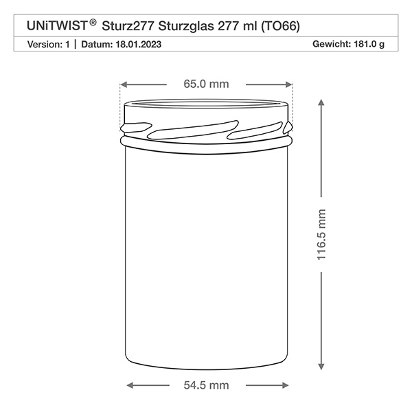 277ml Krossade glasögon utan lock (TO66) UNiTWIST UNiTWIST Sturz277 dricksglas 277ml TO66 med teknisk ritning Mått 65mm diameter 116.5mm höjd Vikt 181g