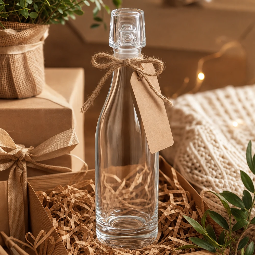 50ml glasflaska utan svängbar topp UNiTWIST 50 ml glasflaska UNiTWIST presentförpackning med jutesnöre och etikett i presentförpackning med sugrör