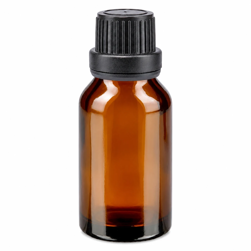 Brun apoteksflaska, 15 ml, med svart droppkork, 2 mm öppning, barnsäker