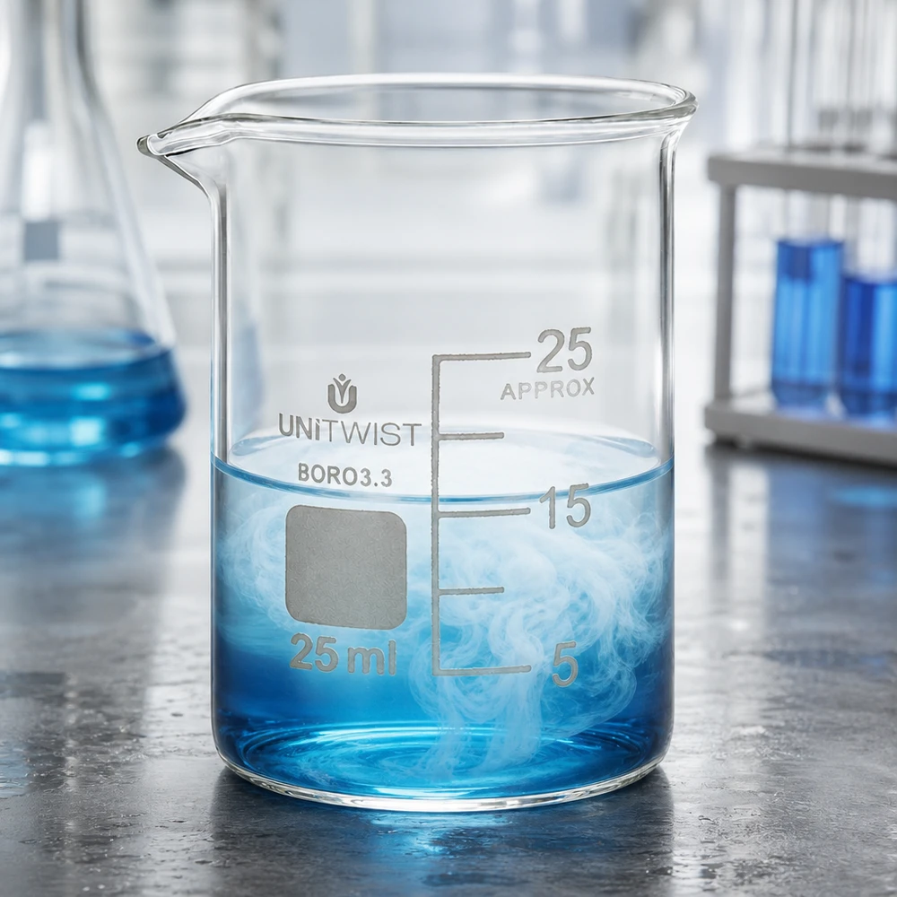 Bägare 25ml borosilikat, lågformad UNiTWIST Klart borosilikatglasbägare på 25 ml med blå vätska och ångbildning i laboratoriet