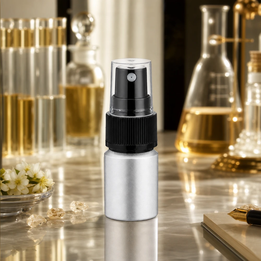 Praktisk 10 ml aluminiumflaska med svart sprayhuvud för kosmetika och parfym som du kan ta med dig