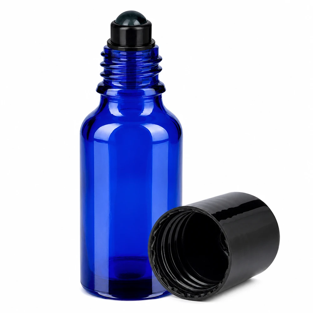Roll-on-glasflaska 20 ml i blått med svart kullock för exakt applicering