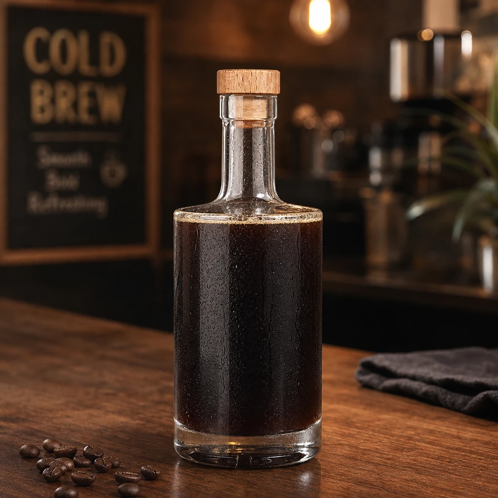500 ml glasflaska Nora med kork med trähandtag UNiTWIST® 500ml glasflaska Nora fylld med kallbryggt kaffe träkork UNiTWIST kaffebönor barista-ambience rustik