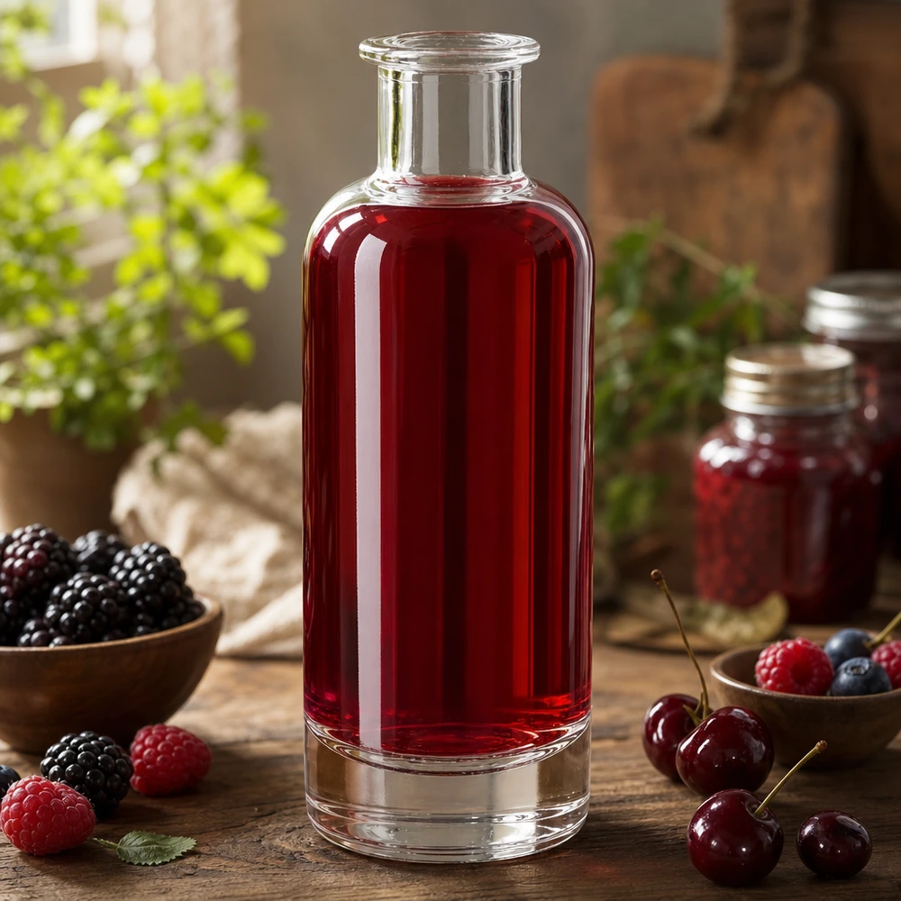 200 ml glasflaska Ella utan förslutning UNiTWIST® 200 ml glasflaska Ella fylld med rödbärsjuice omgiven av färska bär visar naturlig applicering