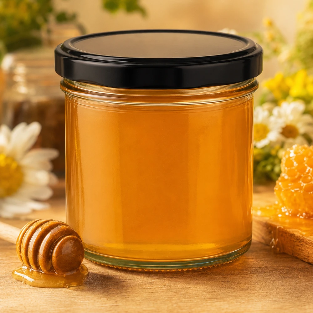 125 ml glas med svart lock fyllda med gyllene honung, honungssked, bikakor, naturlig dekoration