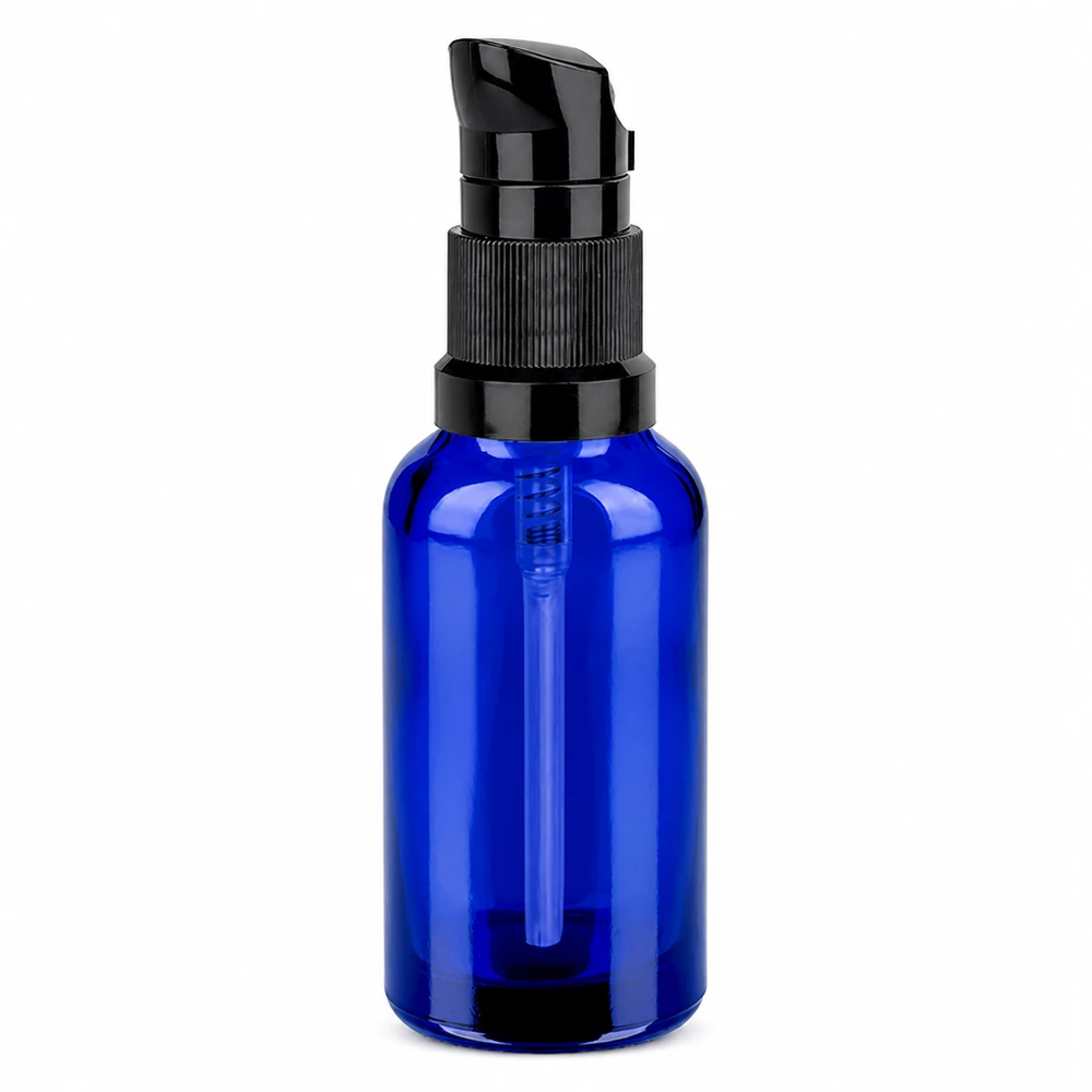 30ml pumpflaska svart standardlock BlueLine UT18/30 30 ml pumpflaska i elegant blå färg med svart pumpdispenser för serum och kosmetika