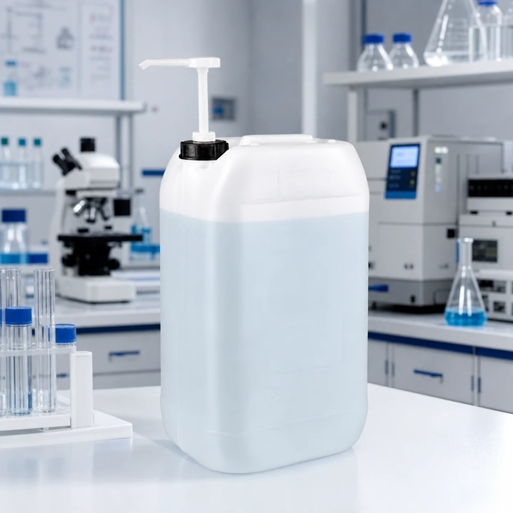 Genomskinlig 15-liters plastdunk med svart skruvlock och vit doseringspump