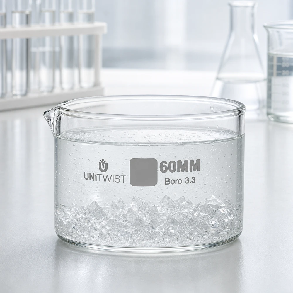 Kristalliseringsskål ø60mm borosilikatglas UNiTWIST Platt glasskål med en diameter på 60 mm med isbitar och vattenbubblor i laboratoriet