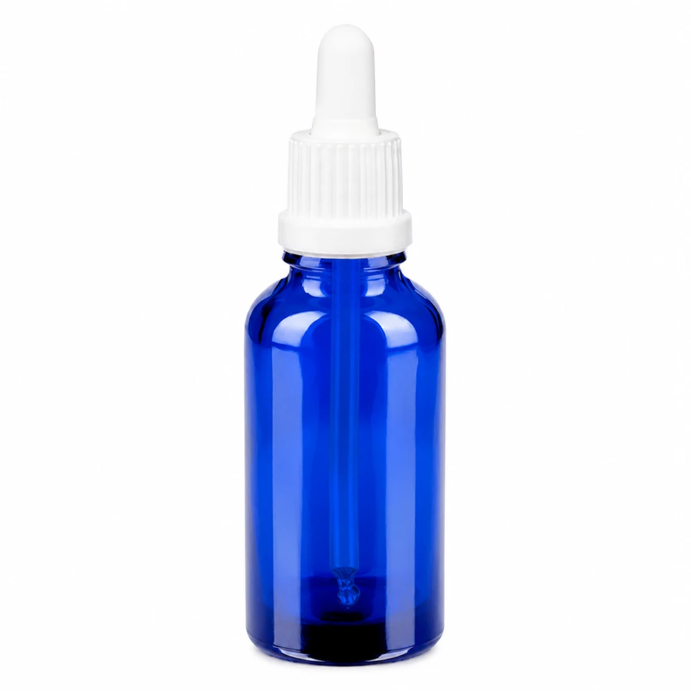 30 ml blå pipettflaska med vitt dropplock OV BlueLine UT18 DIN18-gänga